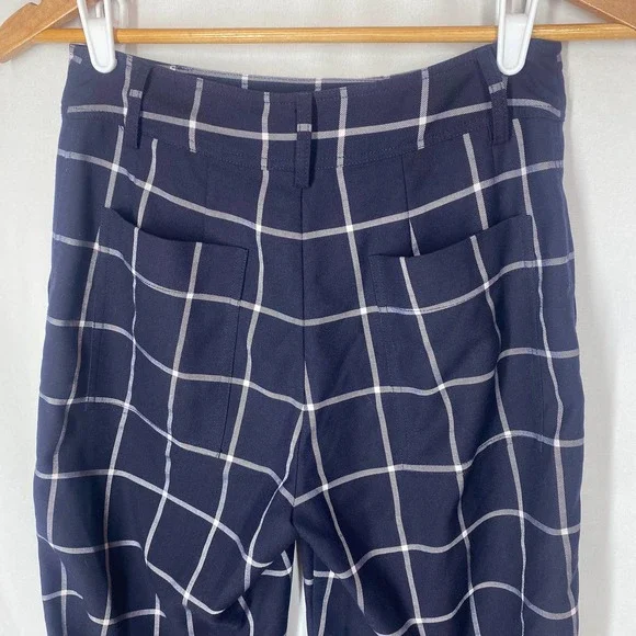 Derek Lam Collective Dress Pants Navy Blue Windowpane Plaid Trouser High Rise 36 Straight Leg
